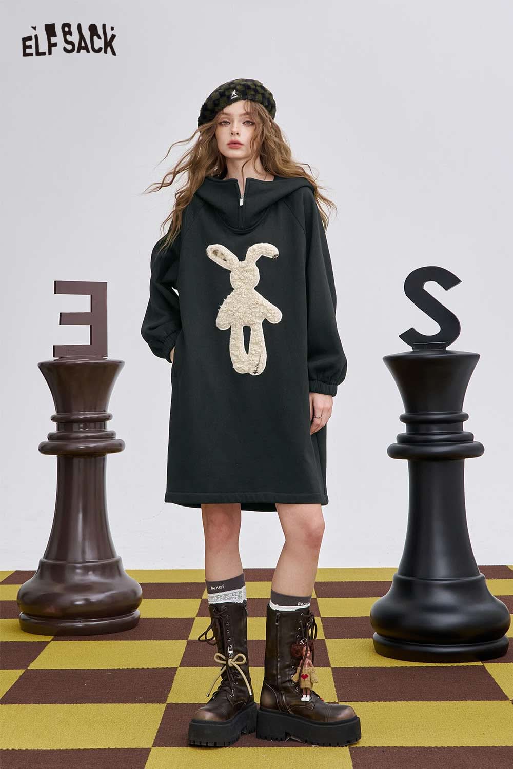 ELFSACK graphic party midi dress for women featuring a cute bunny design and oversized fit