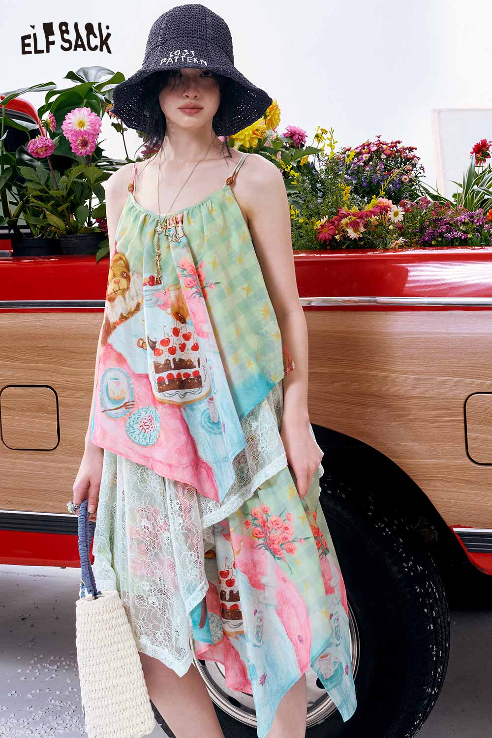 tiered asymmetrical dress Hand Printed Maxi Asymmetrical high Chic Brown and White Color:Brown cat:For The Bride