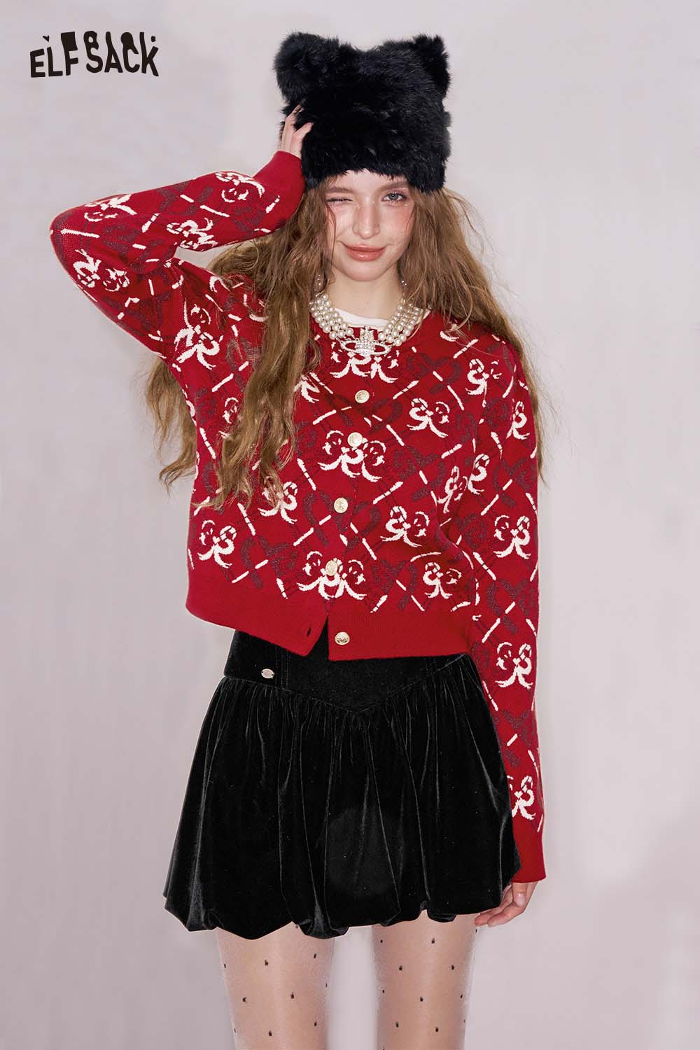 ELFSACK heart bow print cardigan in red with playful design and cozy fit, perfect for stylish layering