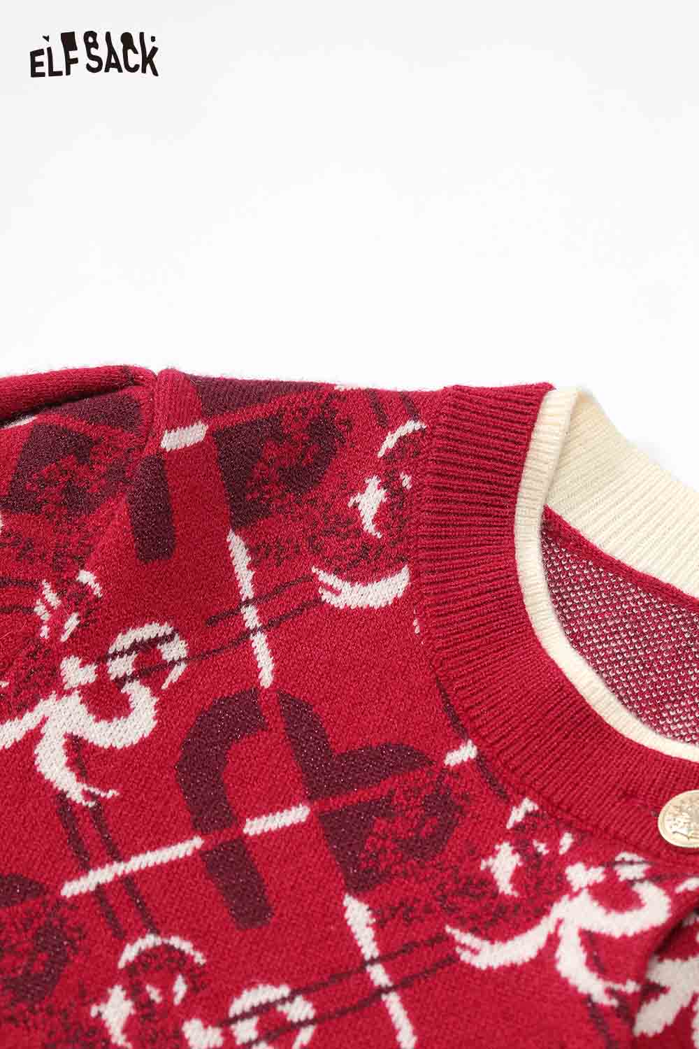 ELFSACK heart bow print cardigan in red featuring a cozy knit design and stylish details