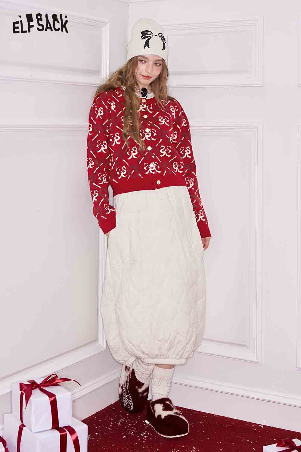 ELFSACK heart bow print cardigan in red with white skirt, perfect for cozy winter fashion