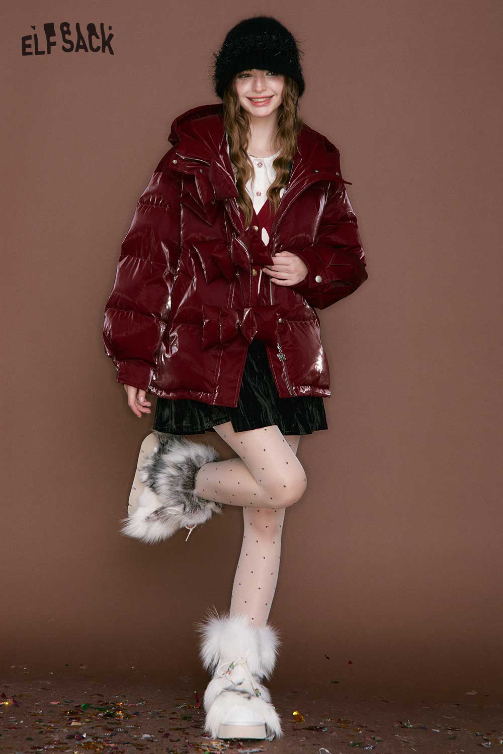 ELFSACK heart collar blouse for women styled under a shiny burgundy puffer jacket