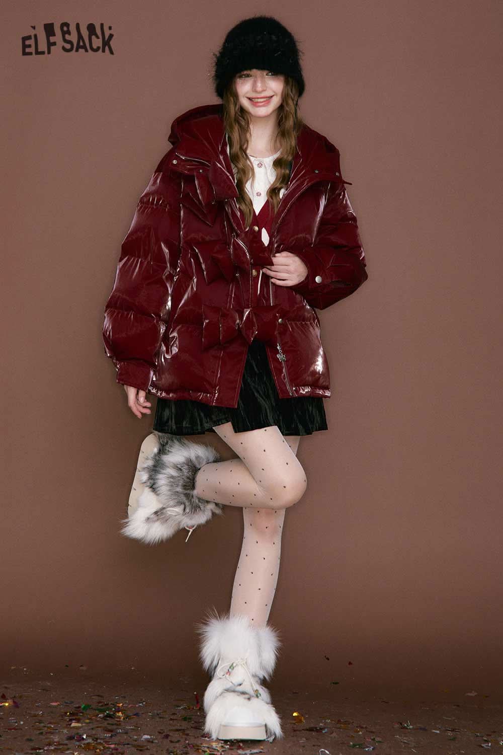 ELFSACK heart collar blouse for women styled under a shiny burgundy puffer jacket