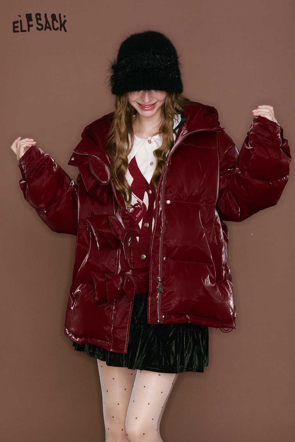 Stylish ELFSACK heart collar blouse for women paired with a burgundy puffer jacket
