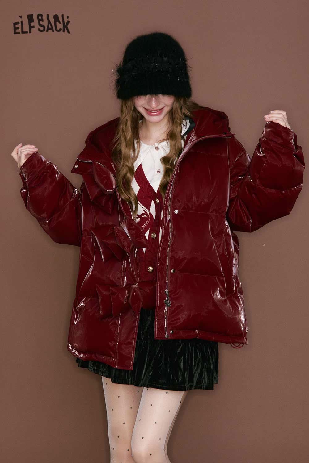 Stylish ELFSACK heart collar blouse for women paired with a burgundy puffer jacket