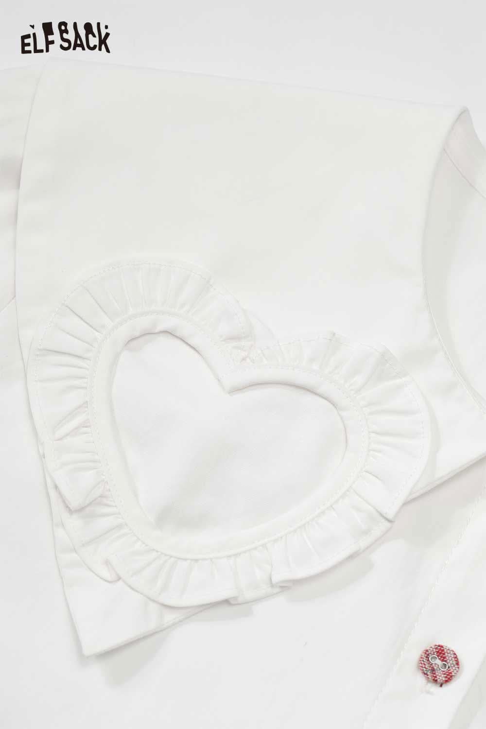 ELFSACK heart collar blouse for women featuring ruffled heart-shaped design on white fabric