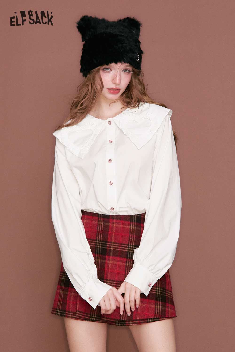 ELFSACK heart collar blouse for women in white with oversized collar and button-up design