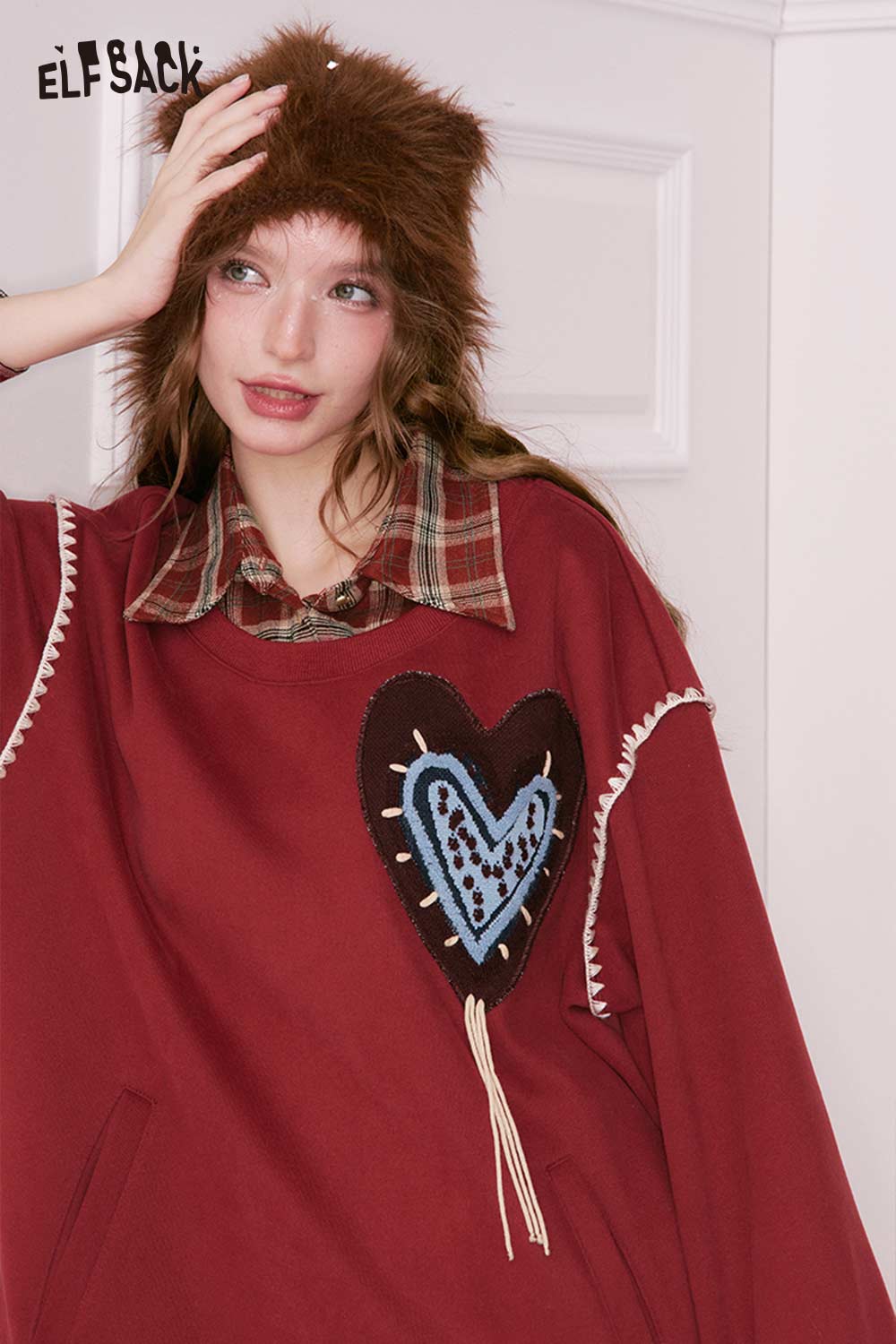 ELFSACK heart embroidery jumpsuit for women in burgundy with oversized fit and stylish details