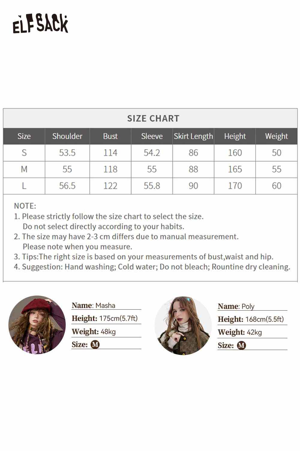 Size chart for ELFSACK heart embroidery jumpsuit for women with measurements for S and M sizes