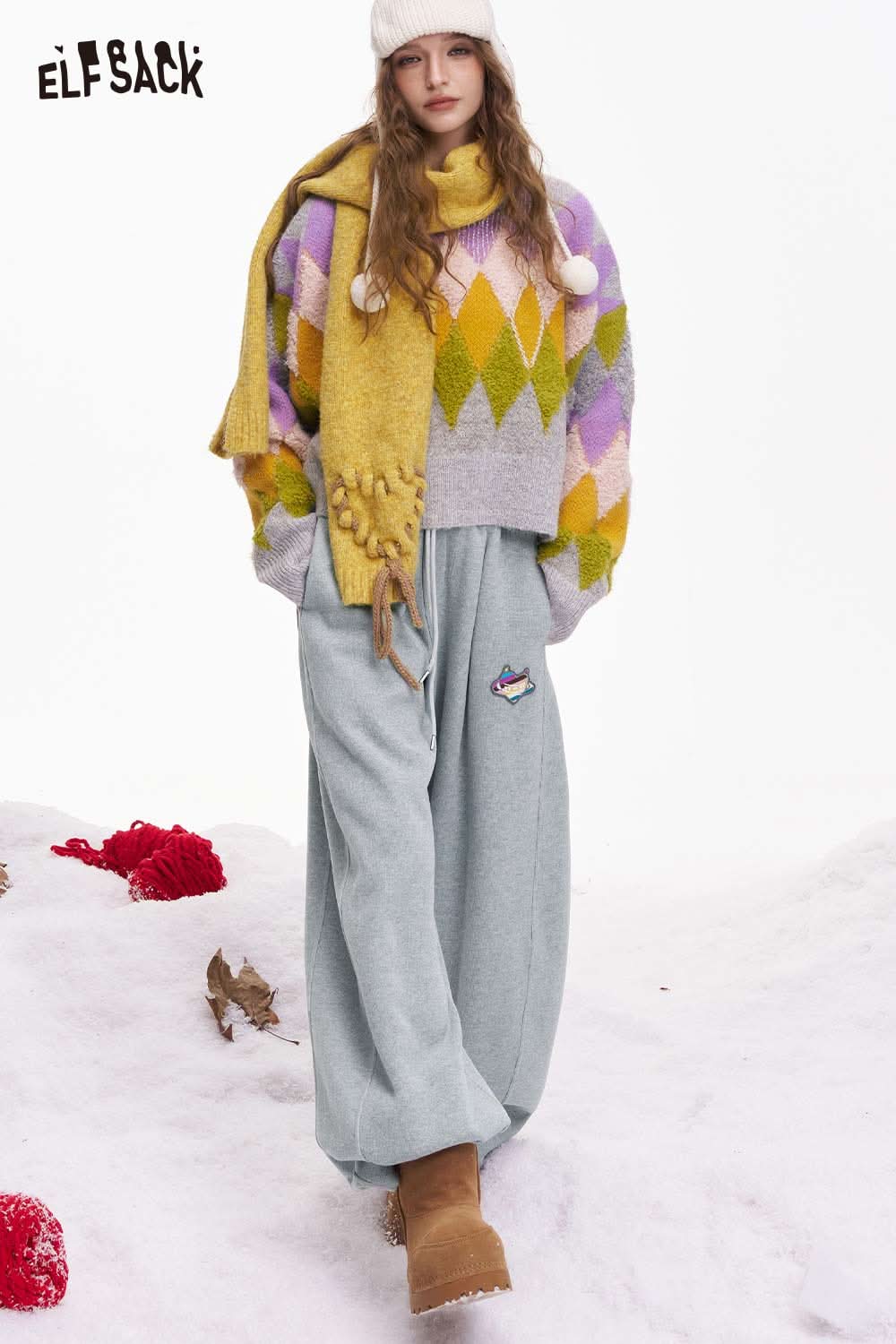 ELFSACK heart embroidery wide leg pants in soft fabric, styled with a cozy sweater and scarf