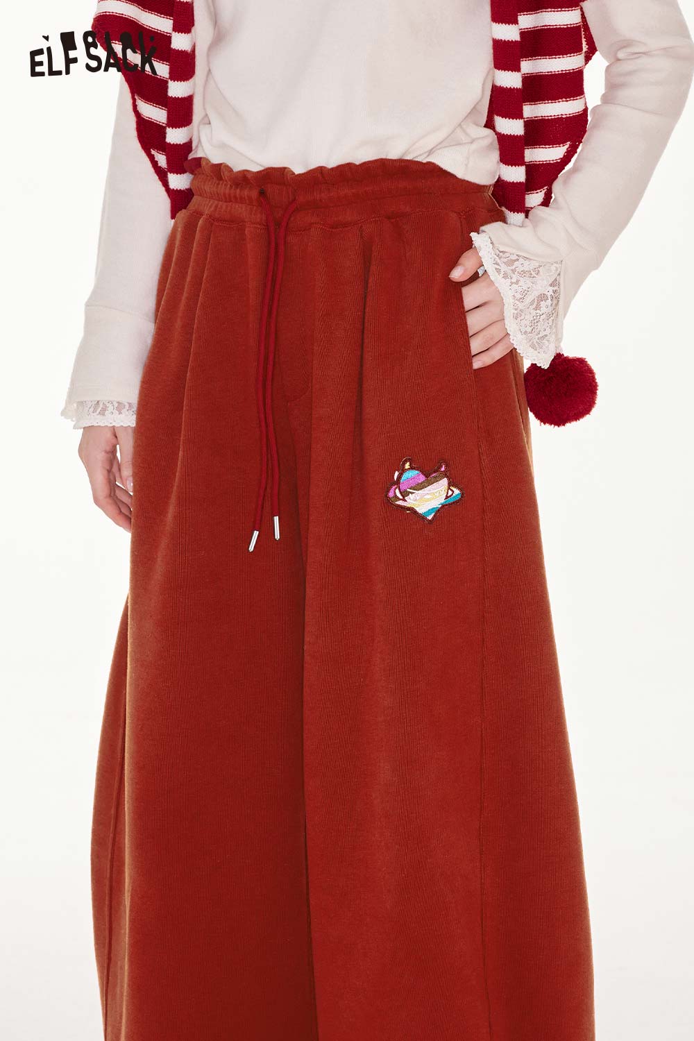 ELFSACK heart embroidery wide leg pants in rust with a comfortable waistband and playful design