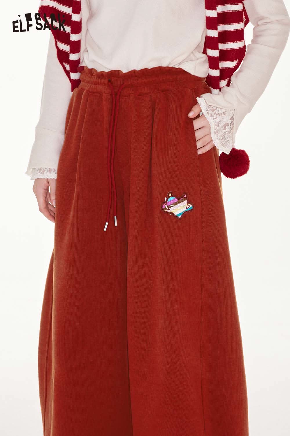 ELFSACK heart embroidery wide leg pants in rust with a comfortable waistband and playful design