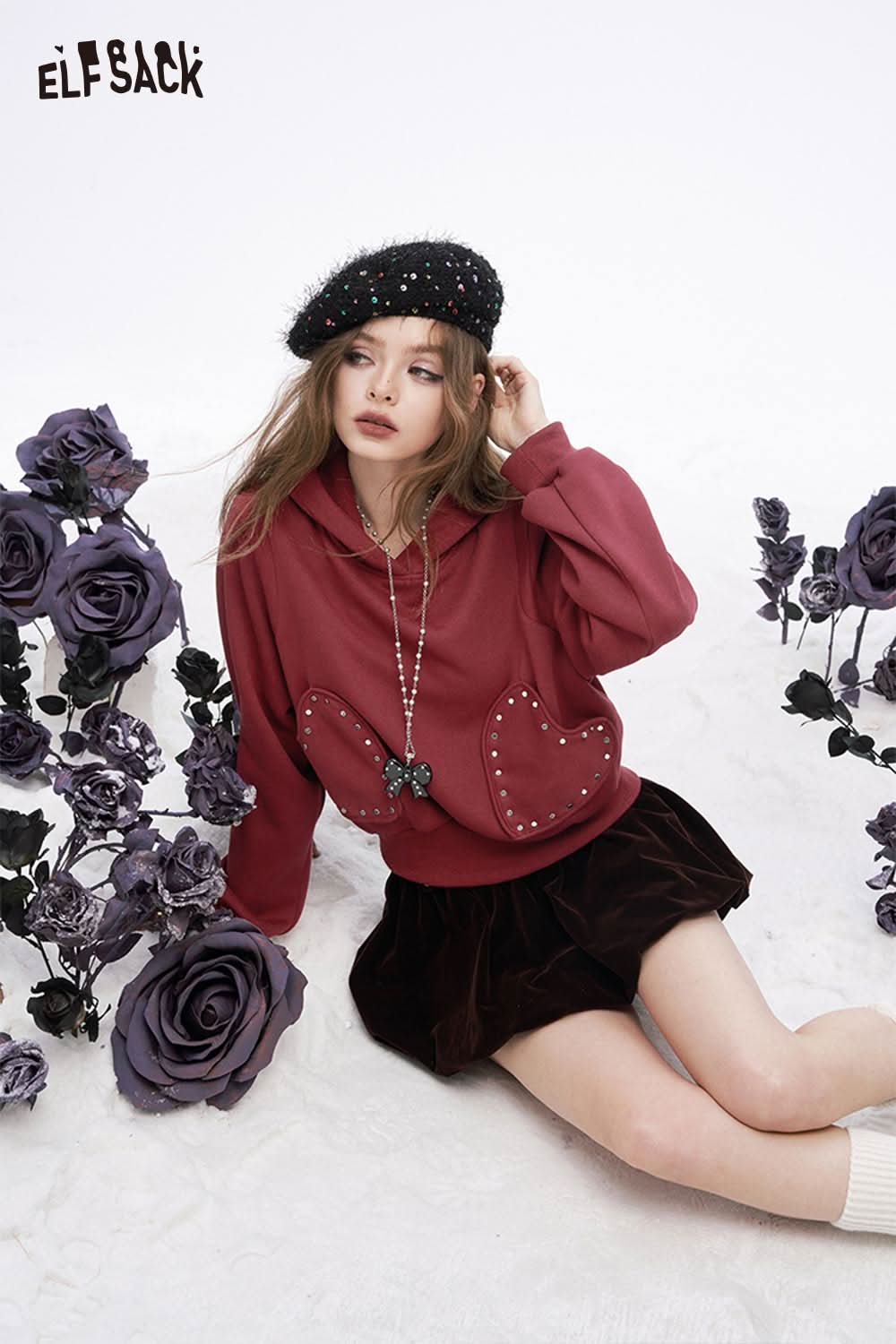 ELFSACK heart patchwork hooded sweatshirt in burgundy featuring studded heart details and casual style