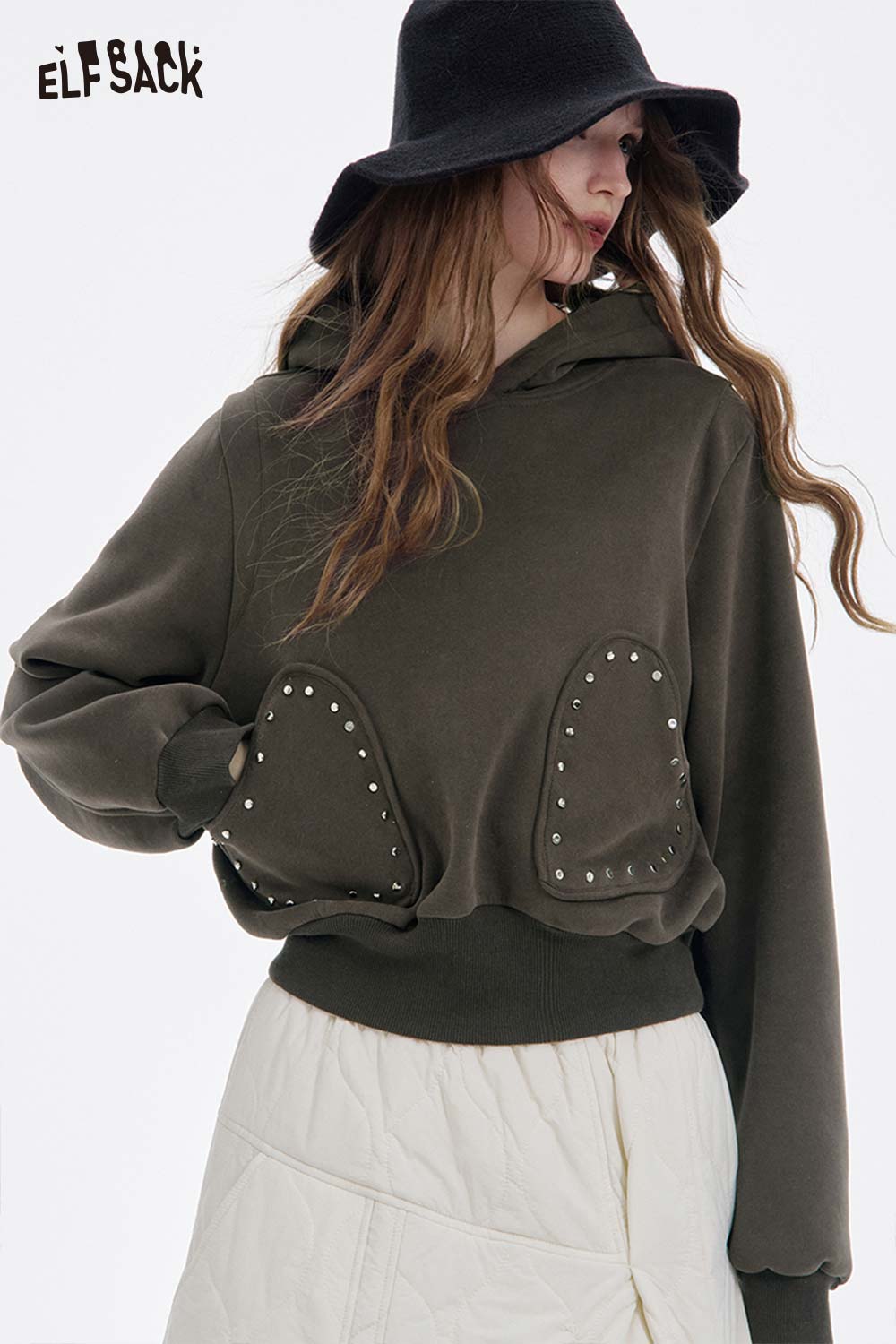 Stylish ELFSACK heart patchwork hooded sweatshirt with studded heart pockets in olive green