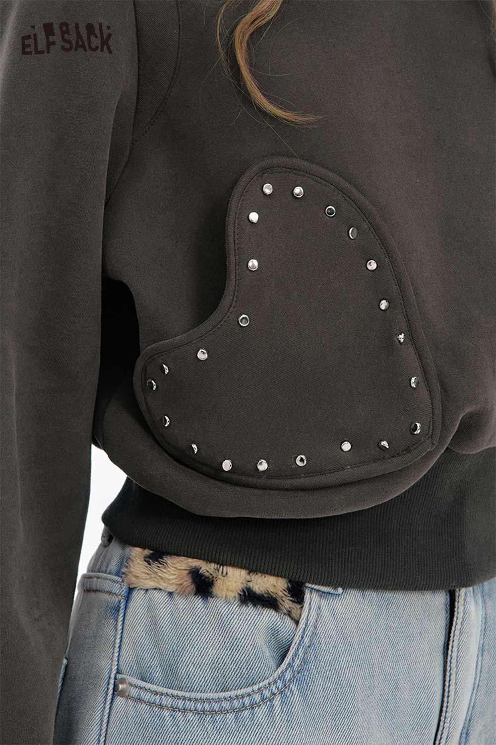 ELFSACK heart patchwork hooded sweatshirt featuring decorative studs and a stylish design