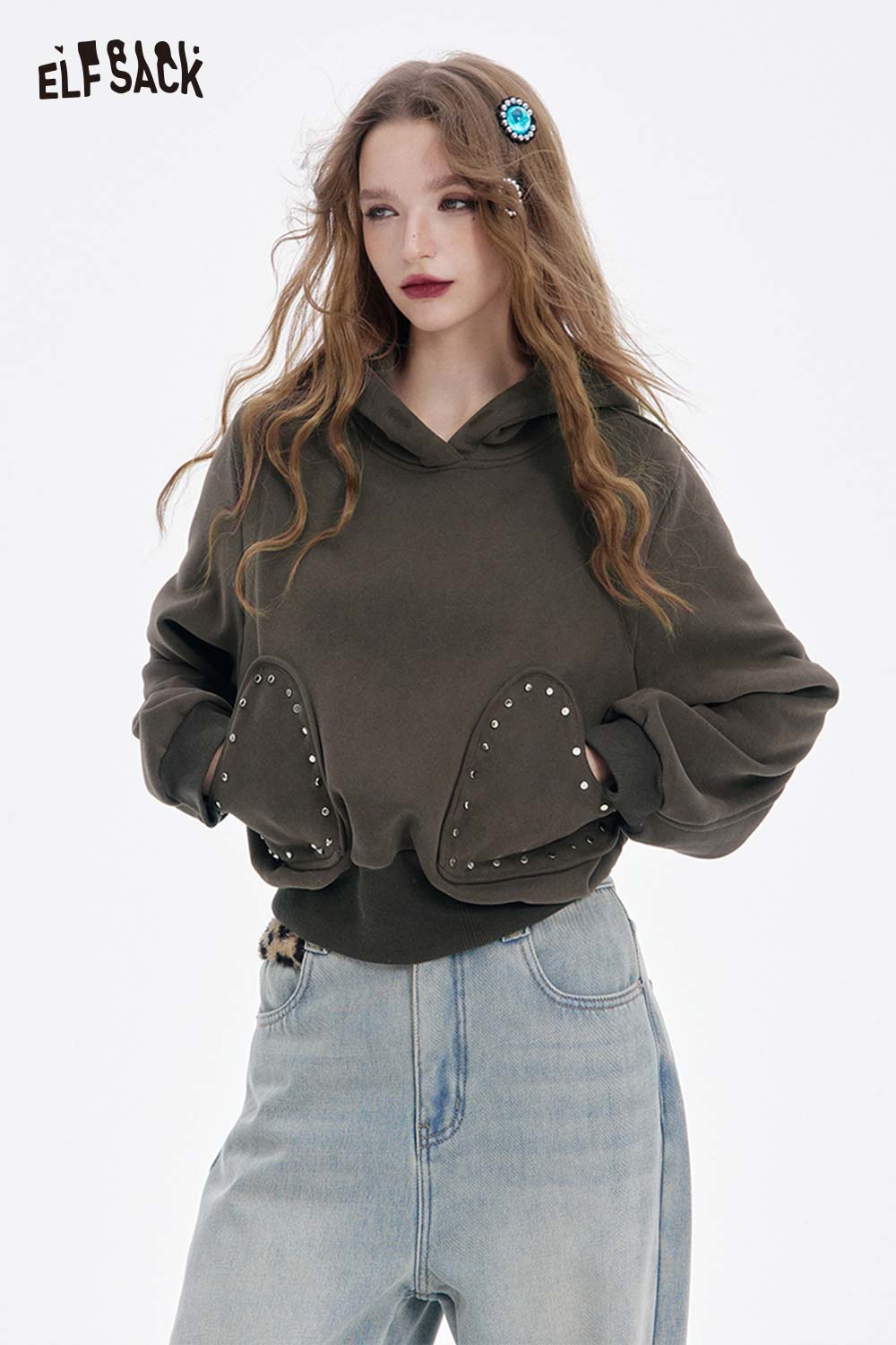 ELFSACK heart patchwork hooded sweatshirt in olive green with studded details for a trendy look