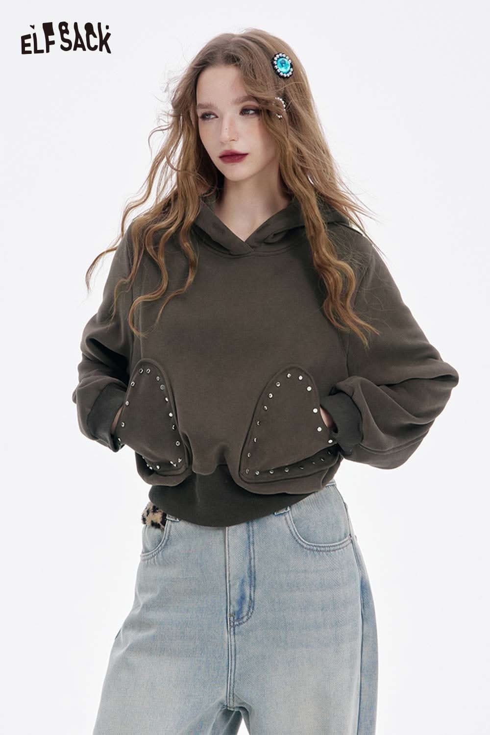 ELFSACK heart patchwork hooded sweatshirt in olive green with studded details for a trendy look