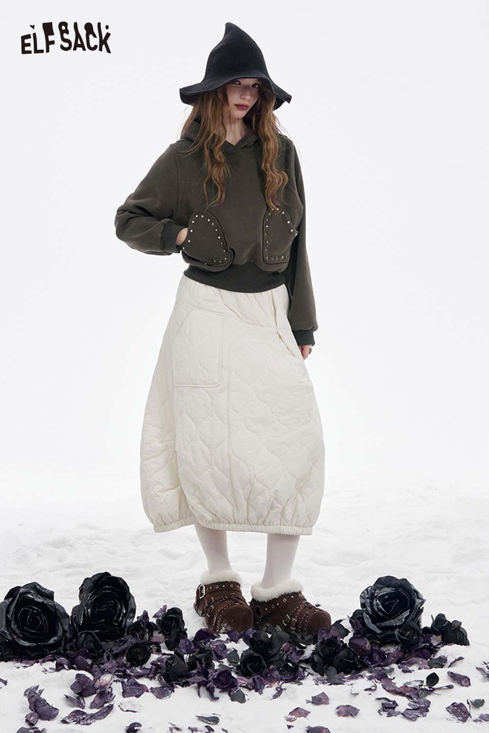 ELFSACK heart patchwork hooded sweatshirt with unique design, paired with a quilted skirt and stylish accessories