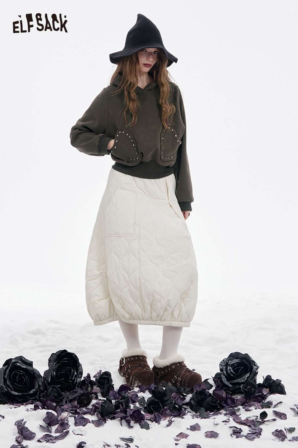 ELFSACK heart patchwork hooded sweatshirt with unique design, paired with a quilted skirt and stylish accessories