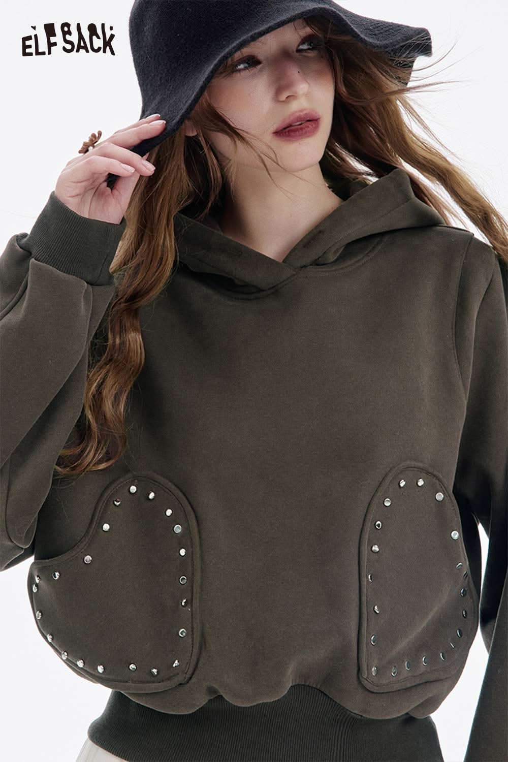 ELFSACK heart patchwork hooded sweatshirt in olive green with studded heart details