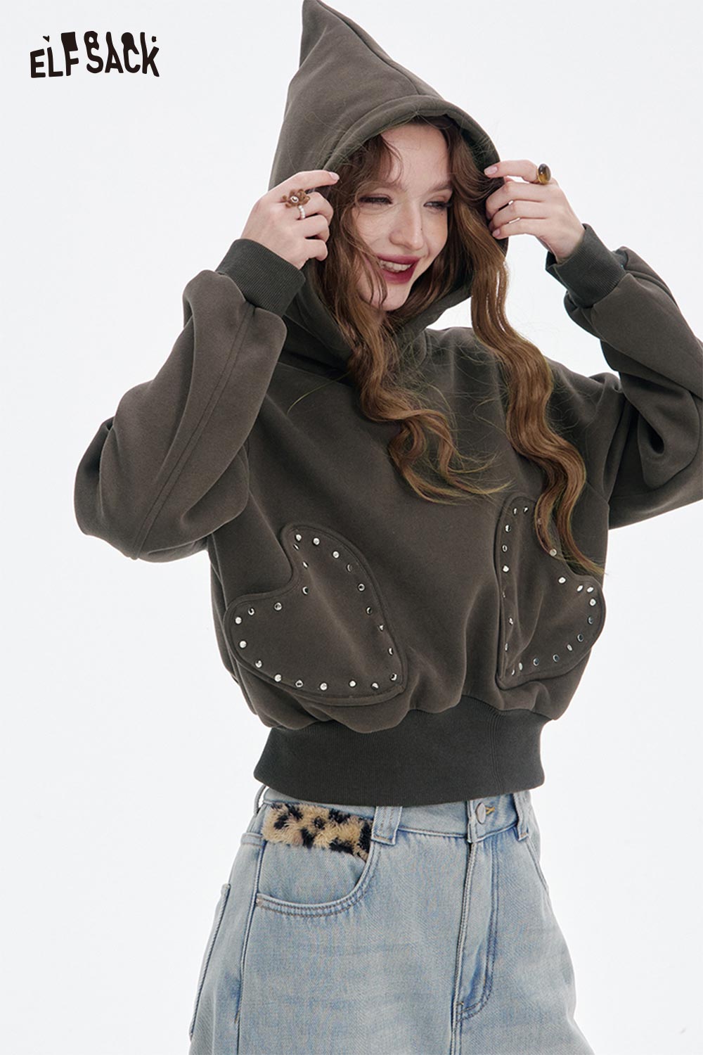 ELFSACK heart patchwork hooded sweatshirt in olive green with studded heart designs