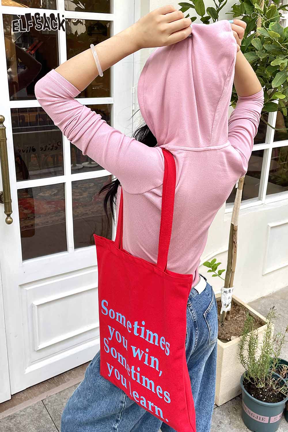 ELFSACK Heavy Duty Canvas Tote Bag in Red with Motivational Quote Perfect for Daily Use