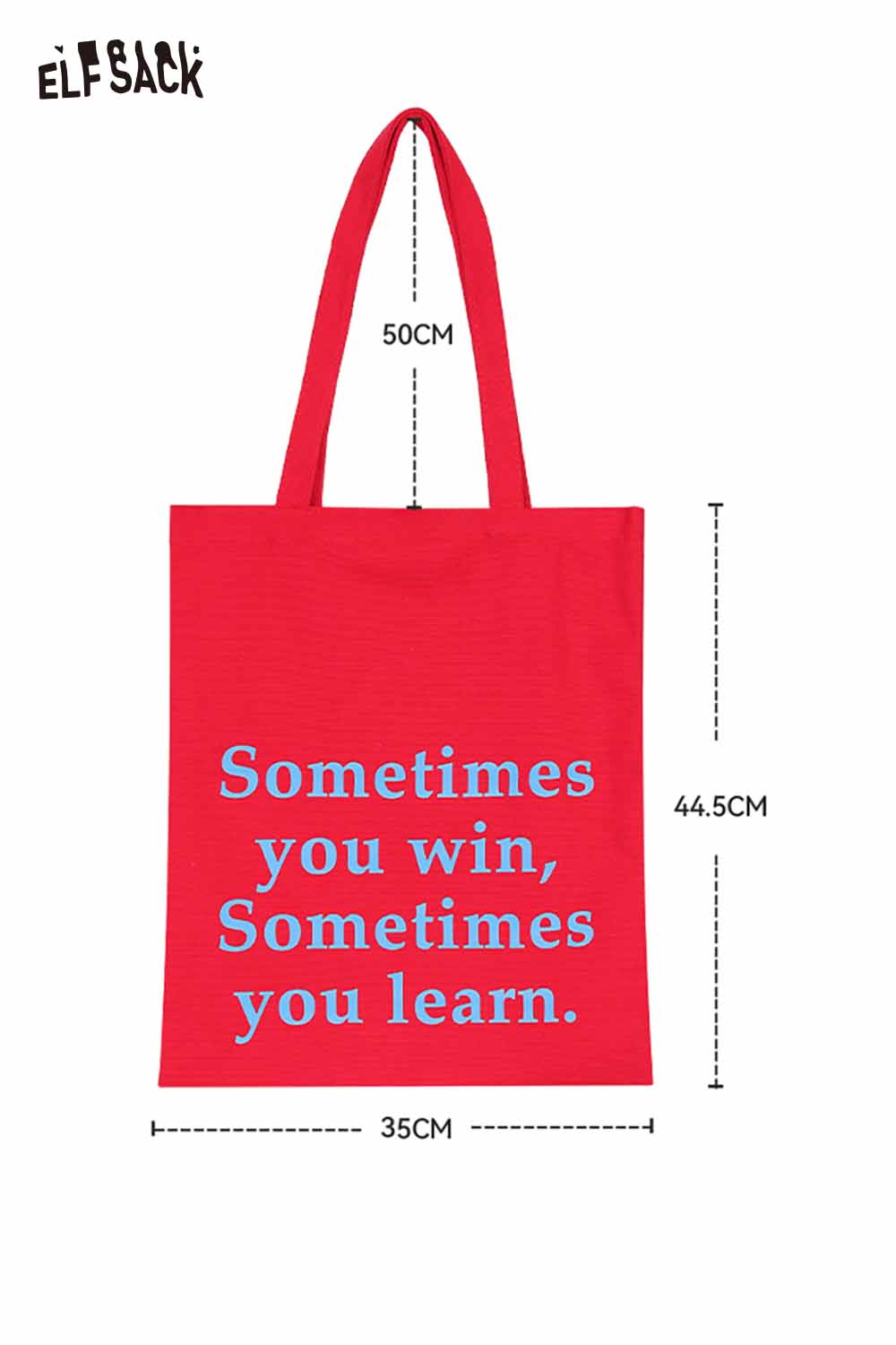 Red heavy duty canvas tote bag by ELFSACK with inspirational quote for everyday use
