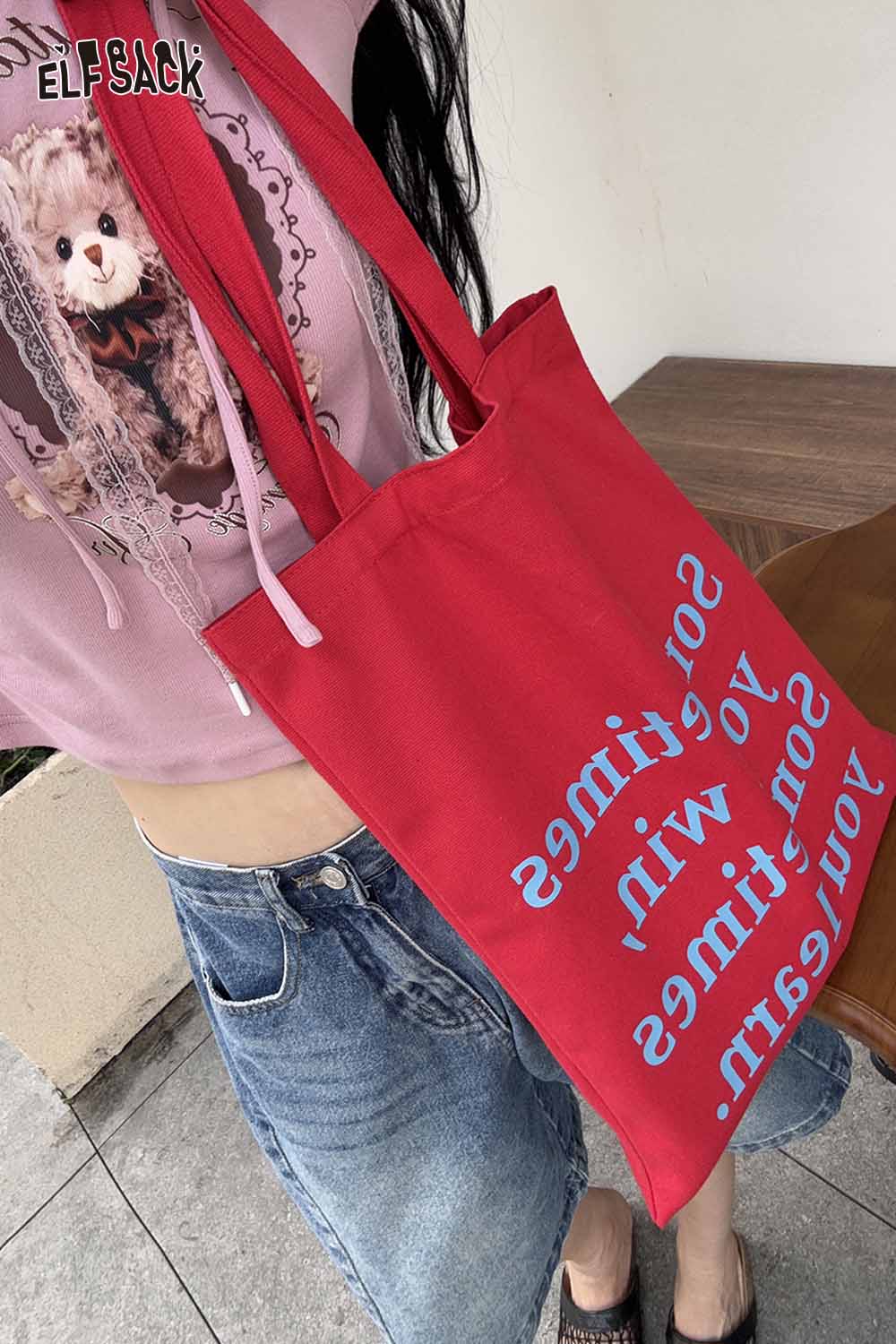 ELFSACK red heavy duty canvas tote bag with playful text for everyday use