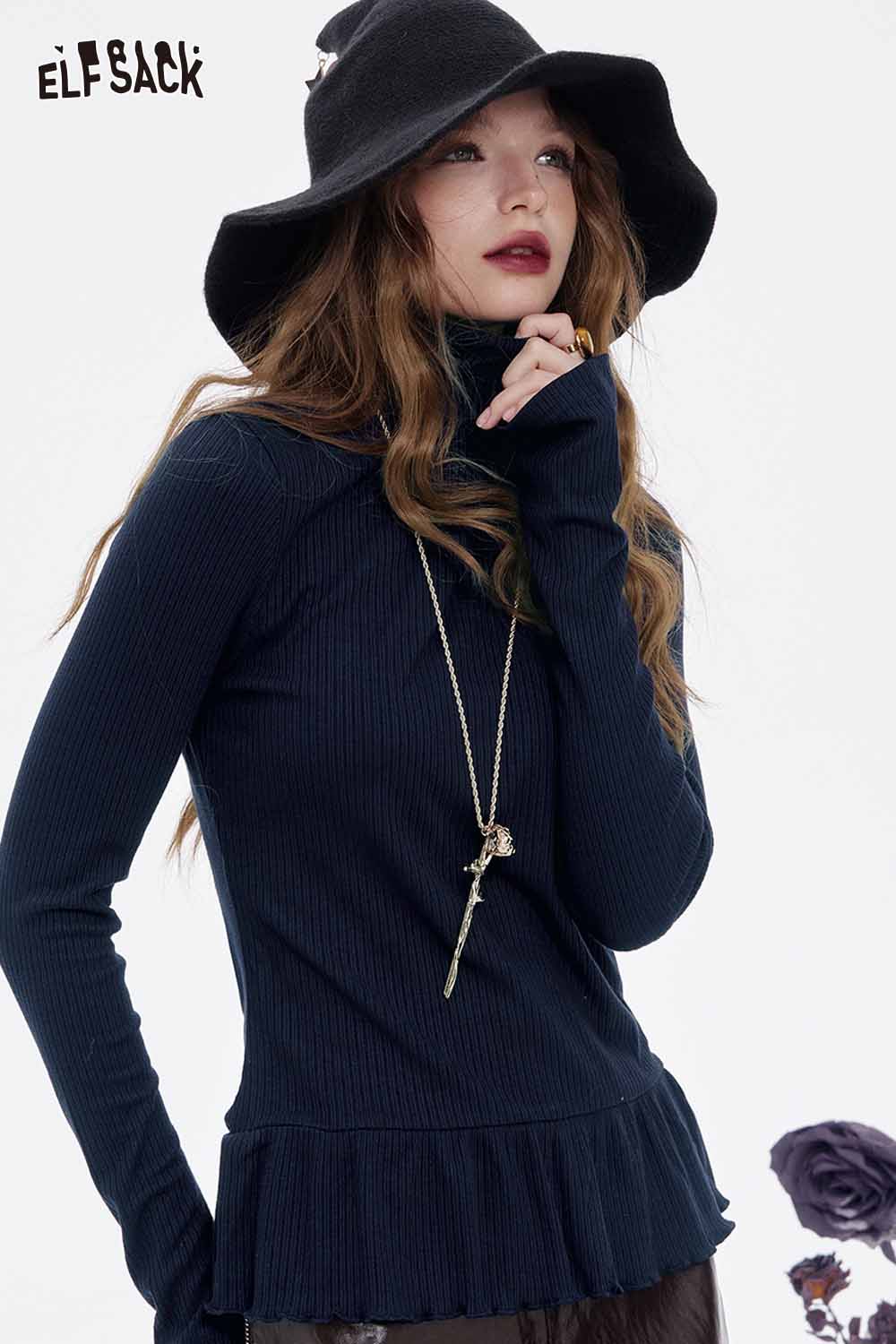 ELFSACK high neck flounce hem tshirt in navy blue with ribbed fabric and stylish design