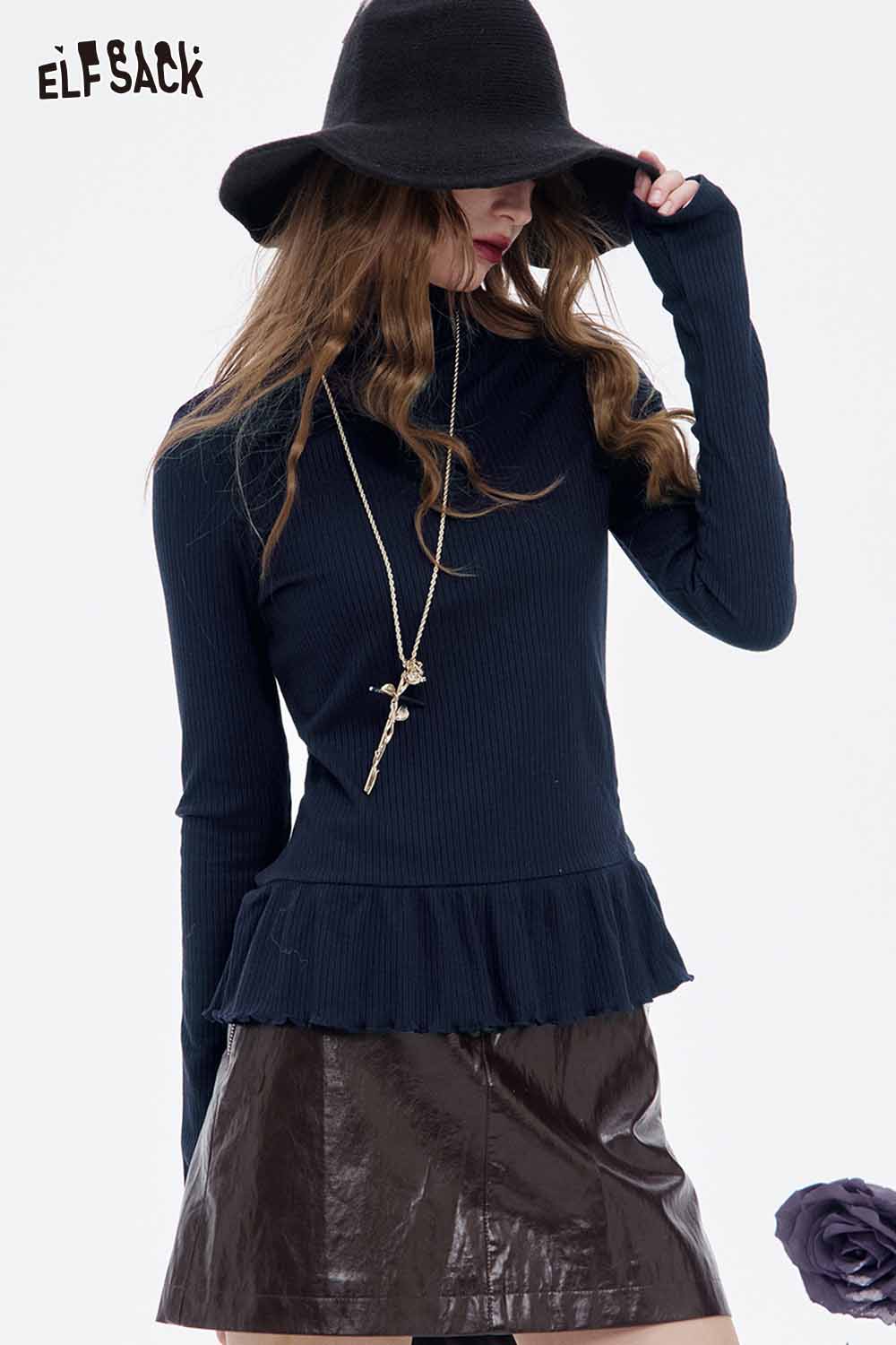 ELFSACK high neck flounce hem tshirt in navy blue, stylishly paired with a chic hat and skirt