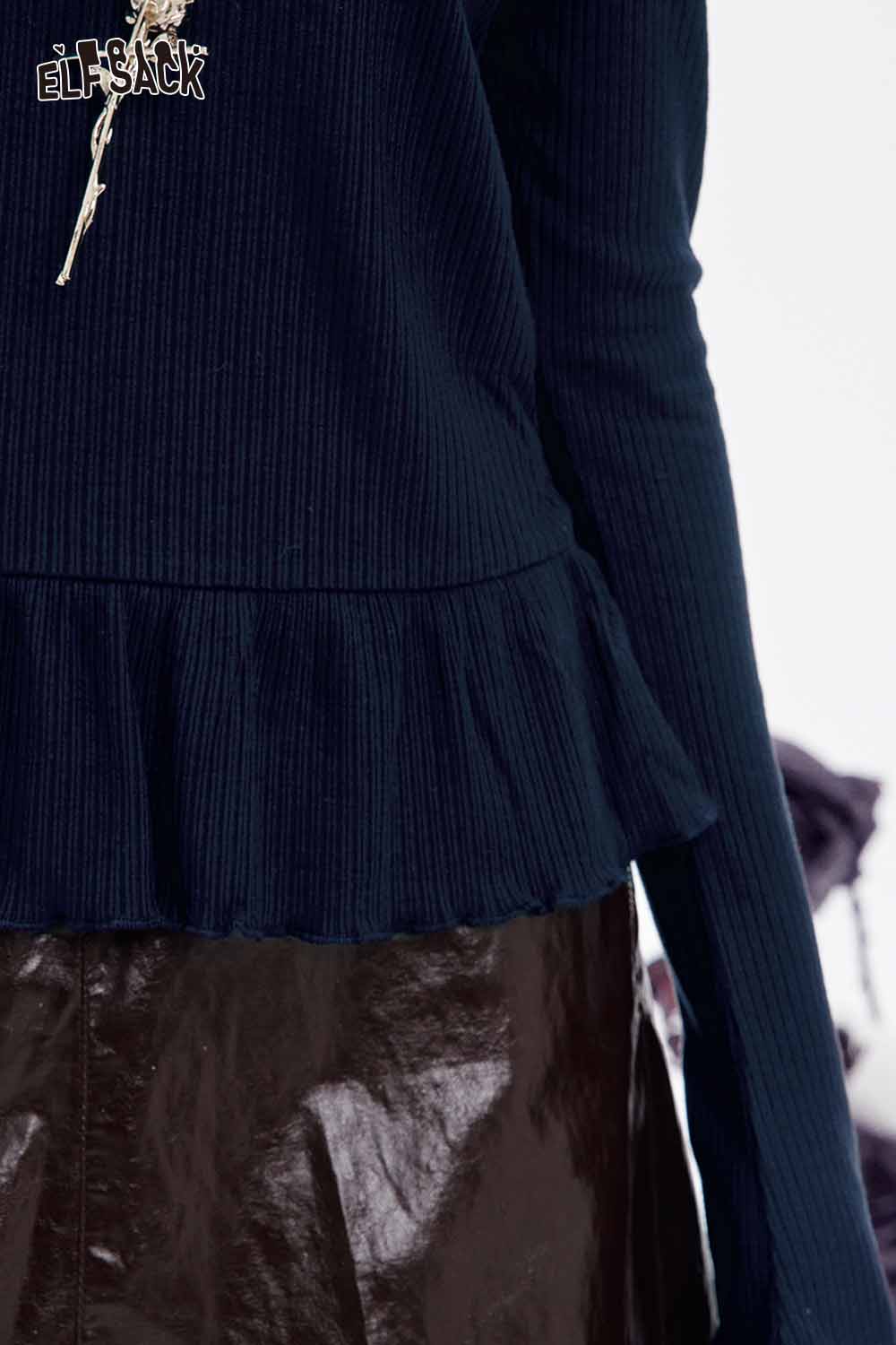 ELFSACK high neck flounce hem tshirt in navy blue with ribbed texture and stylish peplum design