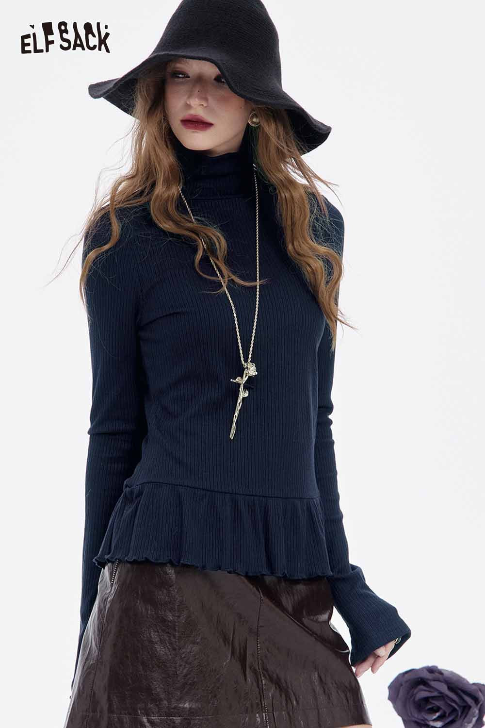 ELFSACK high neck flounce hem tshirt in navy blue featuring a stylish ribbed design and flared hem