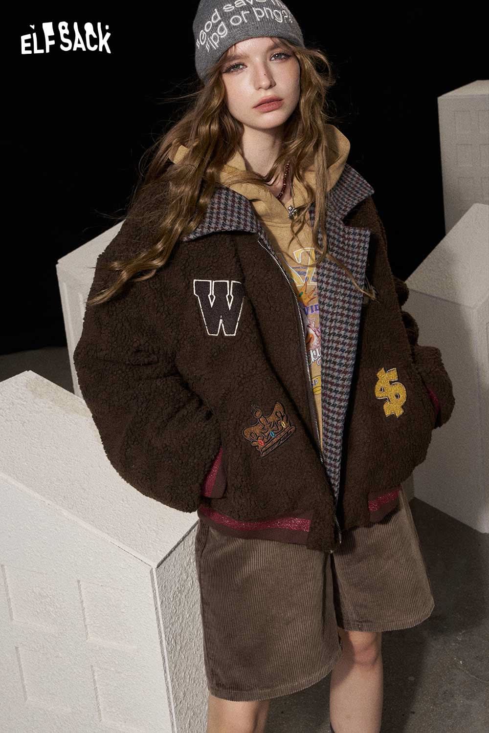 ELFSACK high waist mid shorts for women paired with a cozy oversized jacket and hat