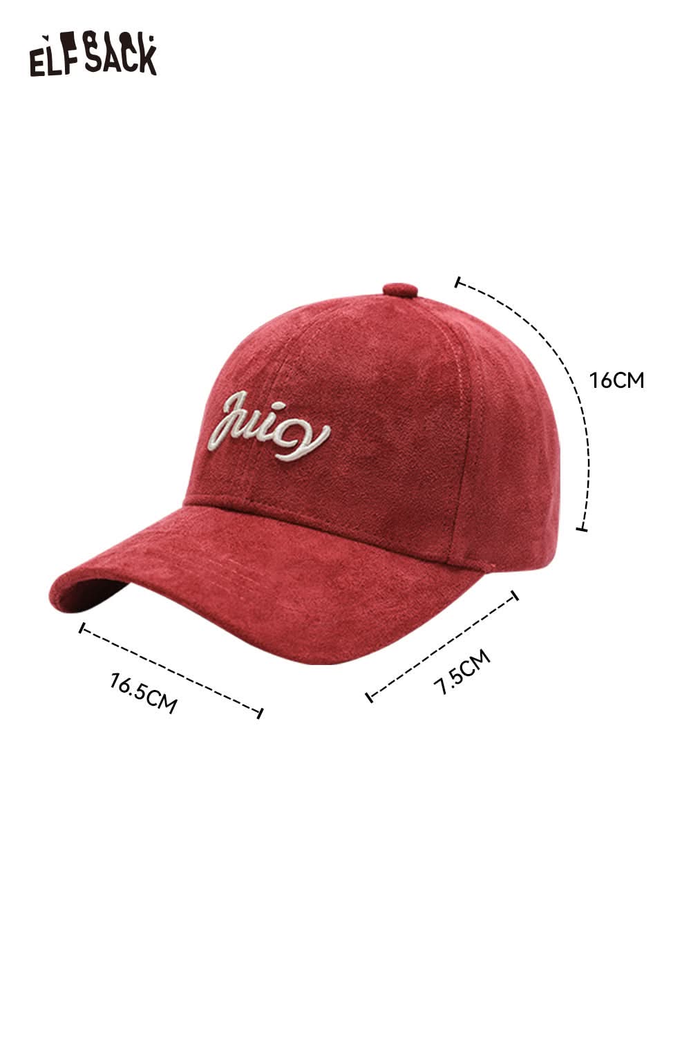 ELFSACK suede baseball cap in red with embroidered Juicy text and adjustable strap for style
