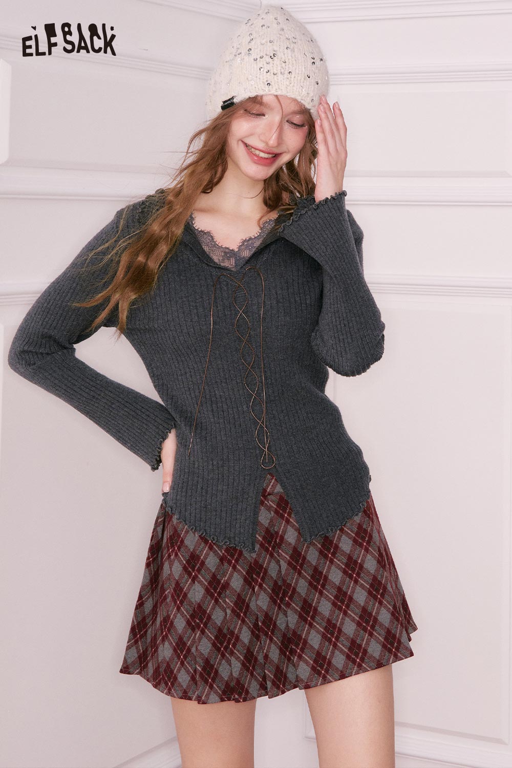 ELFSACK lace collar knitwear for women in dark gray with a stylish design and a playful look