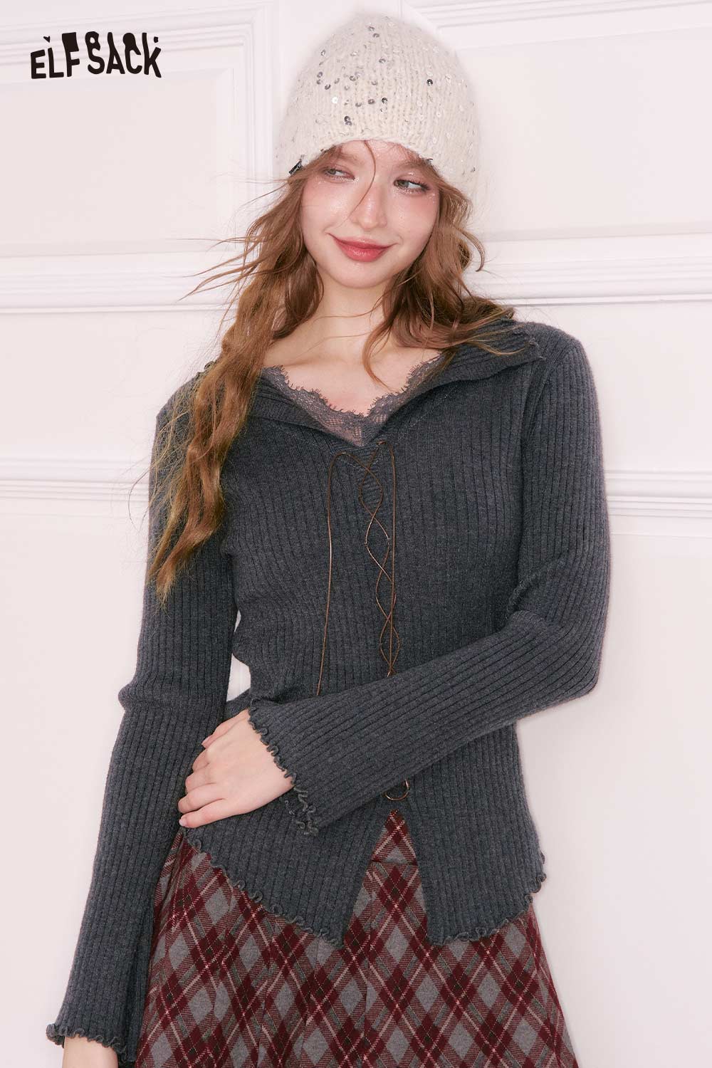 ELFSACK lace collar knitwear for women in gray with a stylish design and textured fabric
