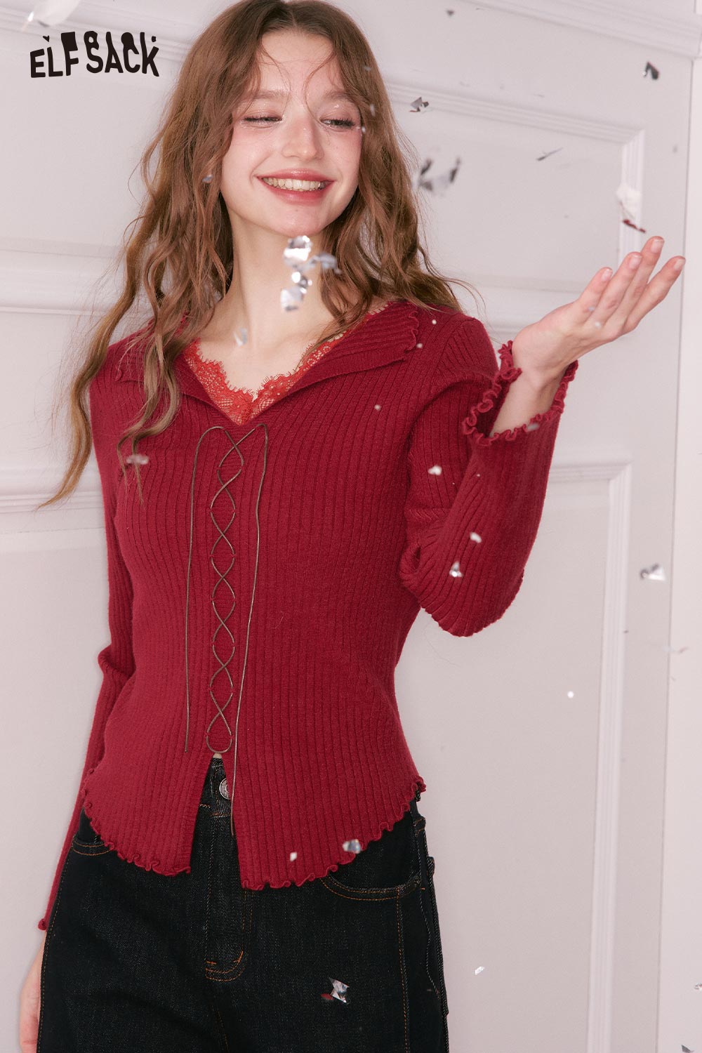ELFSACK lace collar knitwear for women in maroon with a unique lace design and ribbed texture
