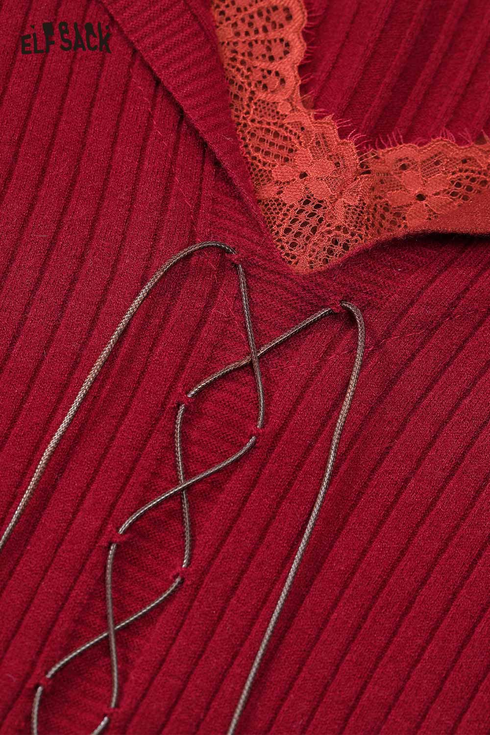 ELFSACK lace collar knitwear for women in rich red color featuring a stylish design and lacing detail