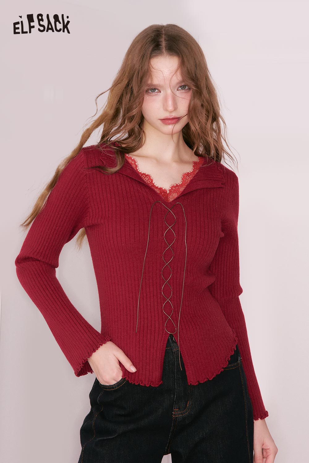 ELFSACK lace collar knitwear for women in a red ribbed design with lace detailing