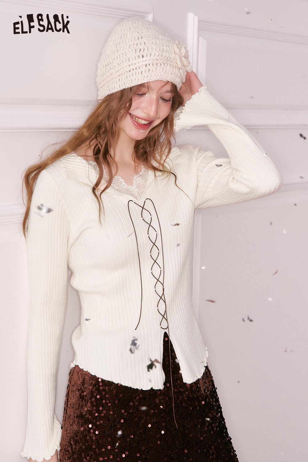 ELFSACK lace collar knitwear for women in cream with embroidered details for a stylish look