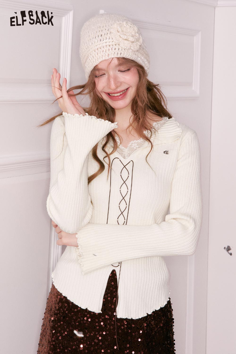 ELFSACK lace collar knitwear for women in cream with bell sleeves and decorative front detail