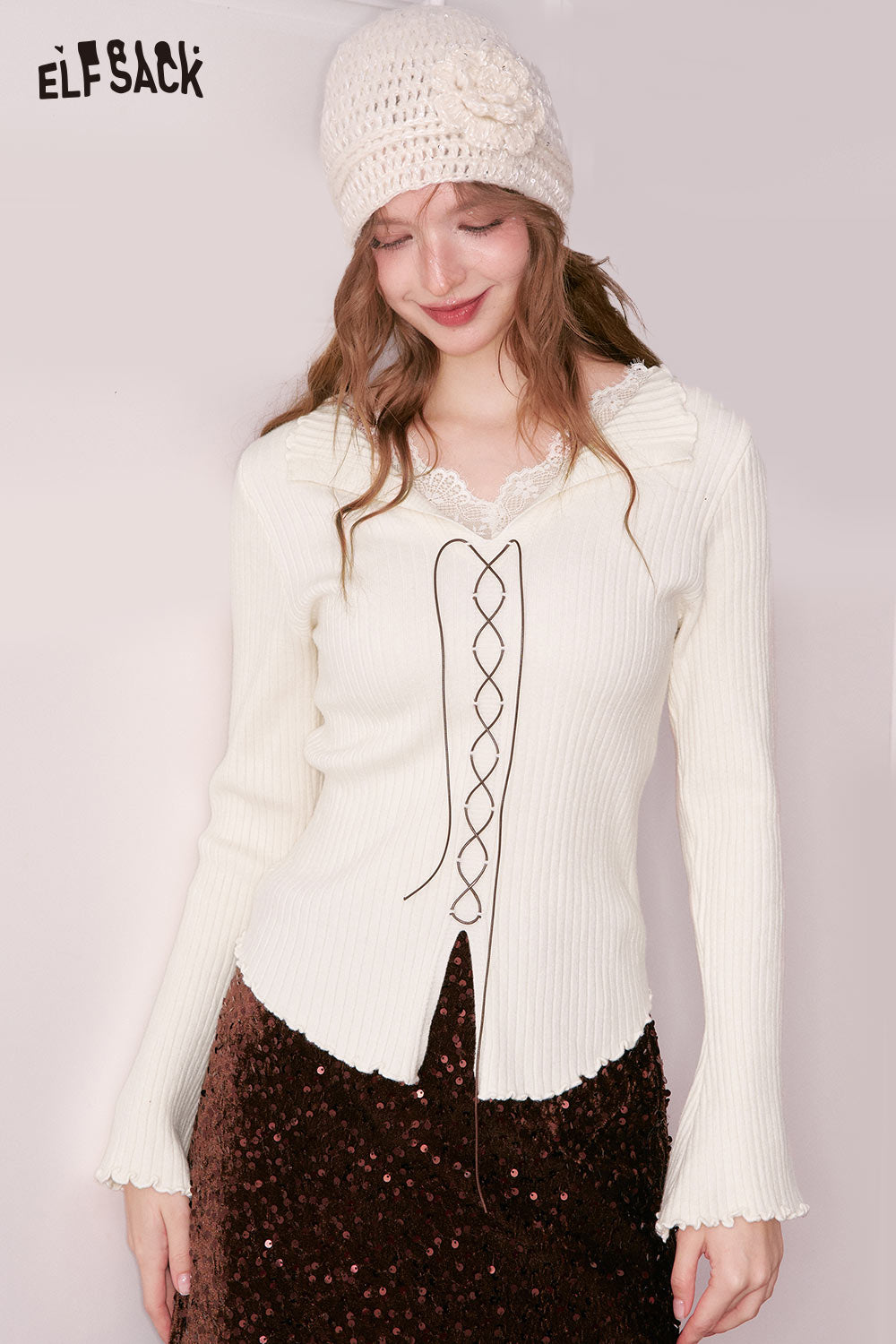 ELFSACK lace collar knitwear for women in white with a stylish front lace-up design