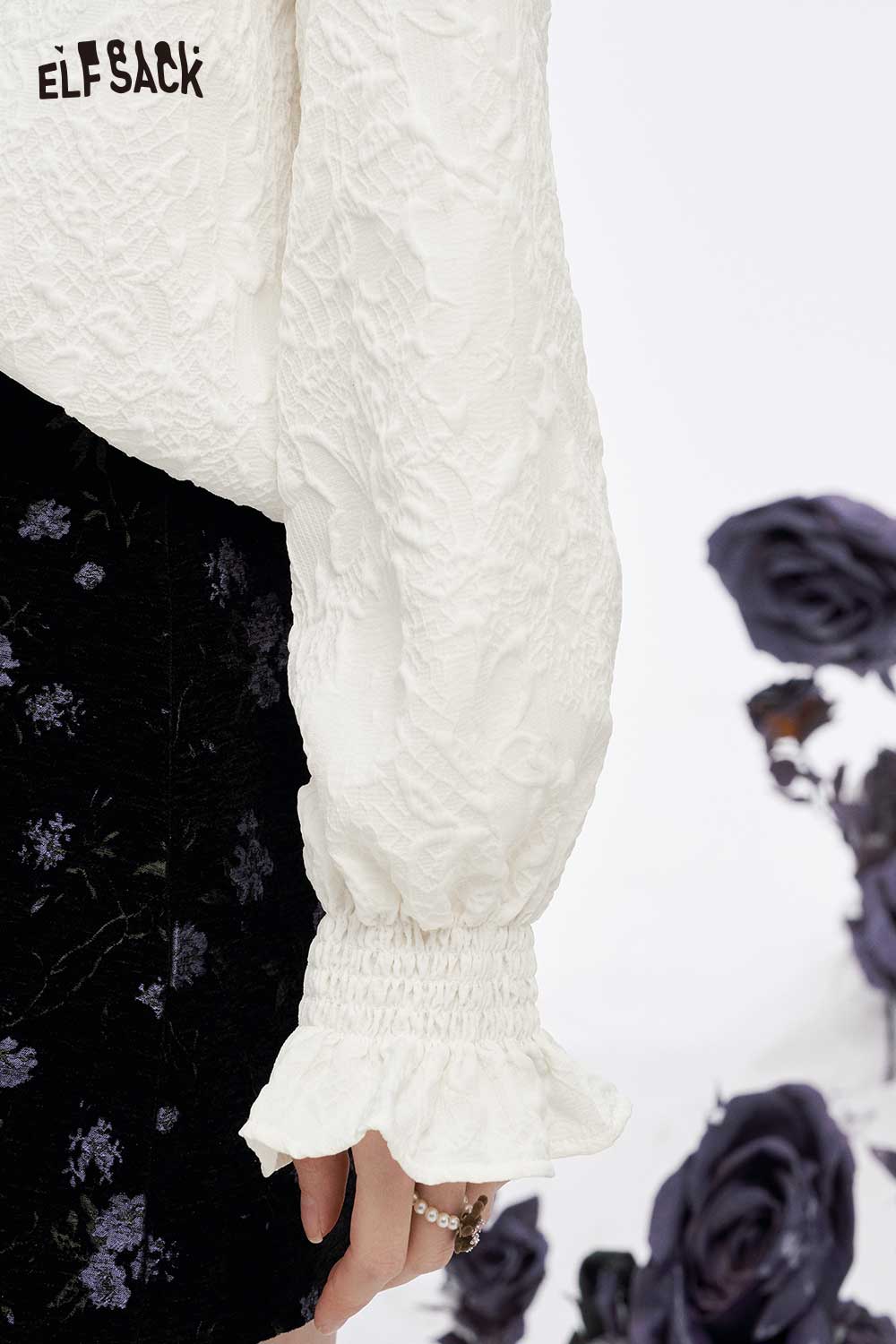 ELFSACK lace lapel collar ruffled cuff shirt in white with textured fabric and stylish ruffled cuffs