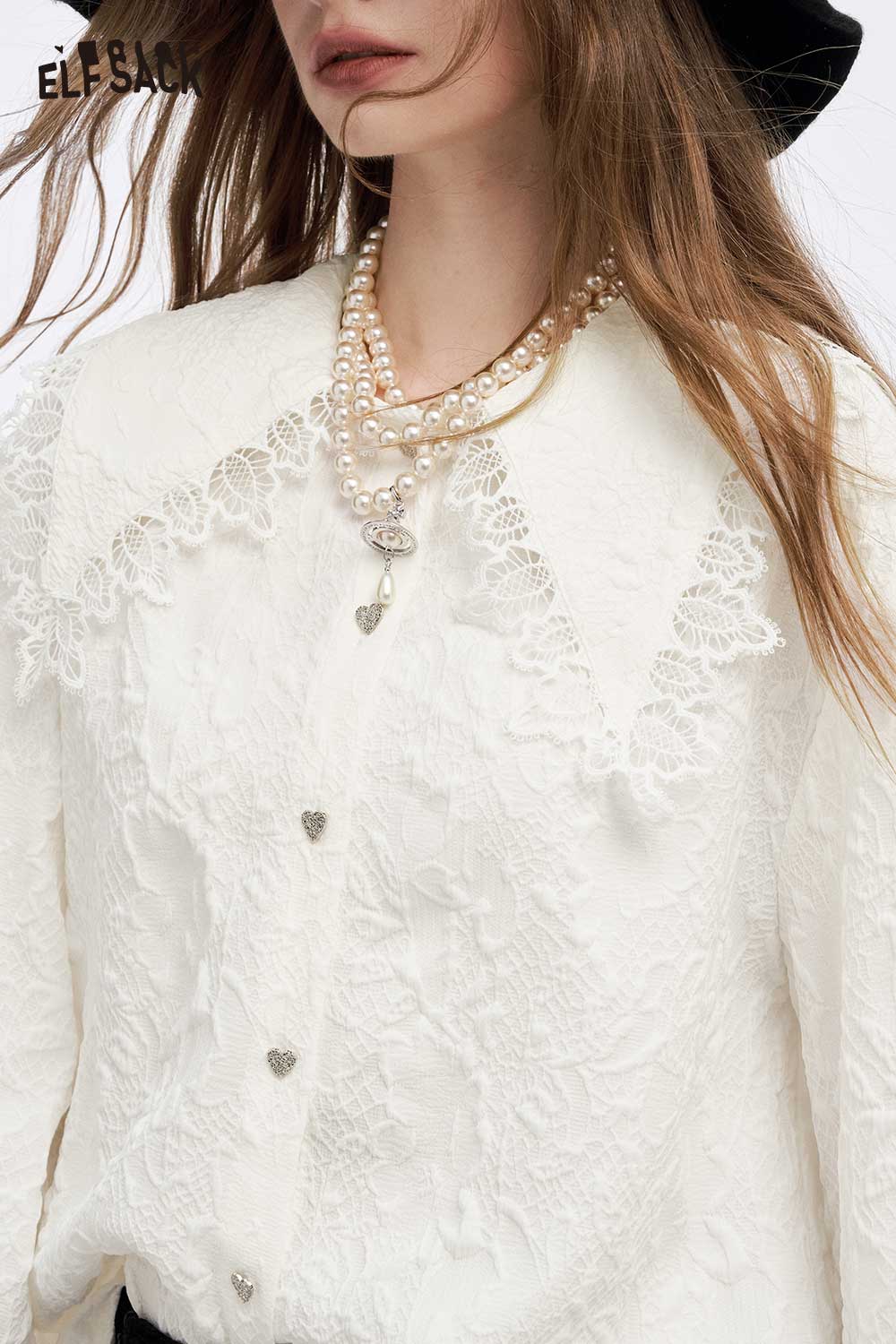 ELFSACK lace lapel collar ruffled cuff shirt in white with intricate floral lace detailing