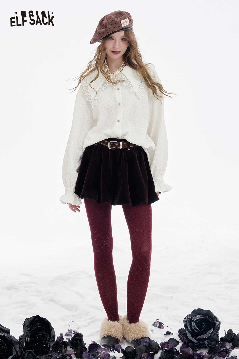 ELFSACK Women Lace Lapel Collar Ruffled Cuff Shirt Styled with Skirt and Tights for a Fashionable Look