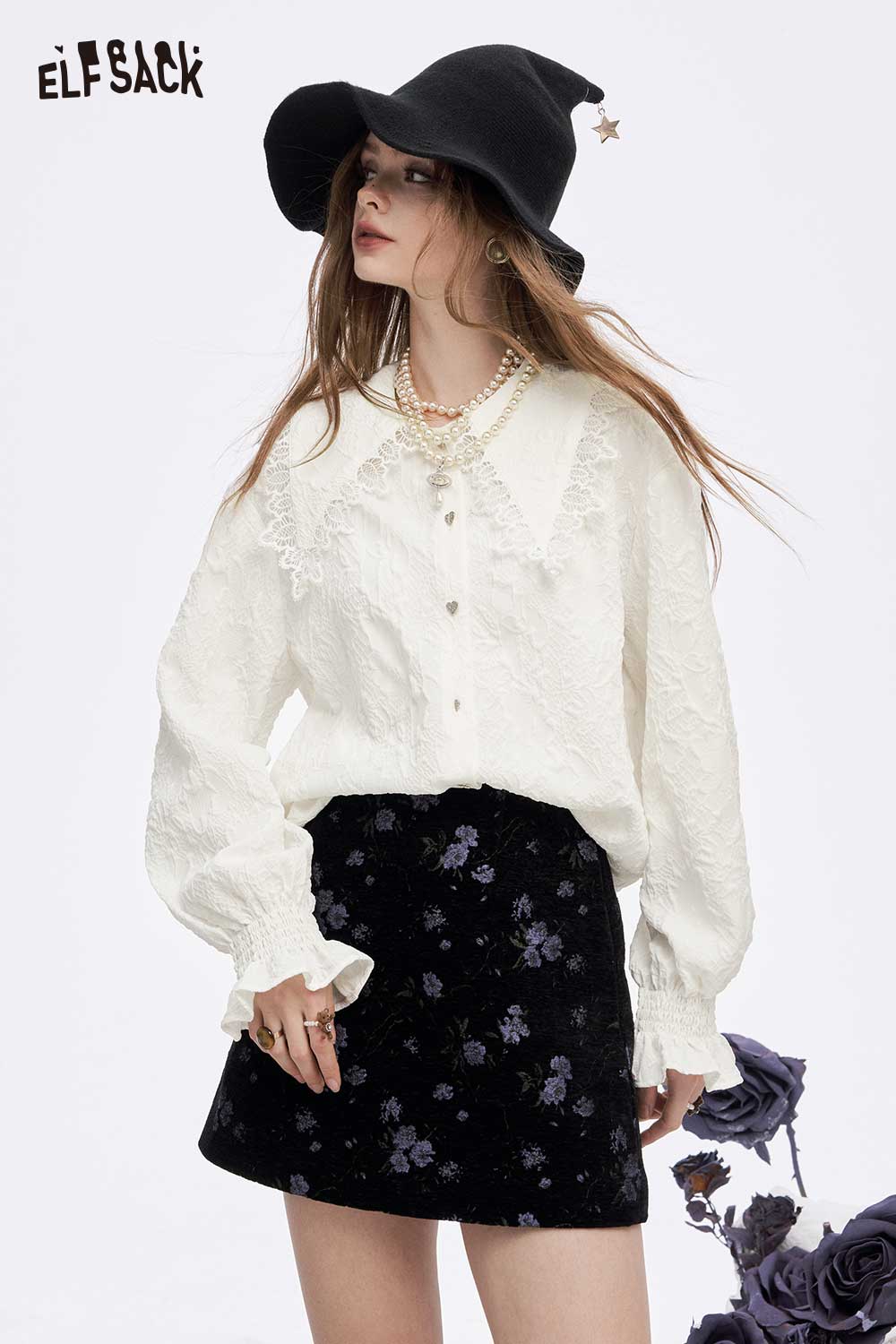 ELFSACK lace lapel collar ruffled cuff shirt in white with a stylish design and elegant details
