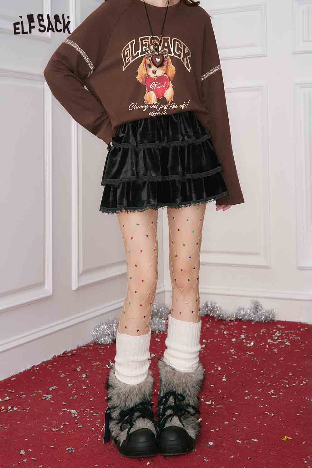 ELFSACK lace trim suede mini skirt with ruffled layers for a stylish and trendy look