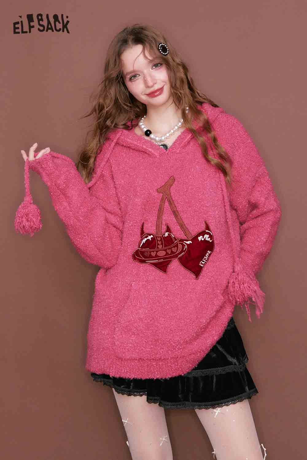ELFSACK Lace Trim Suede Mini Skirt paired with a cozy pink oversized hoodie for a trendy look