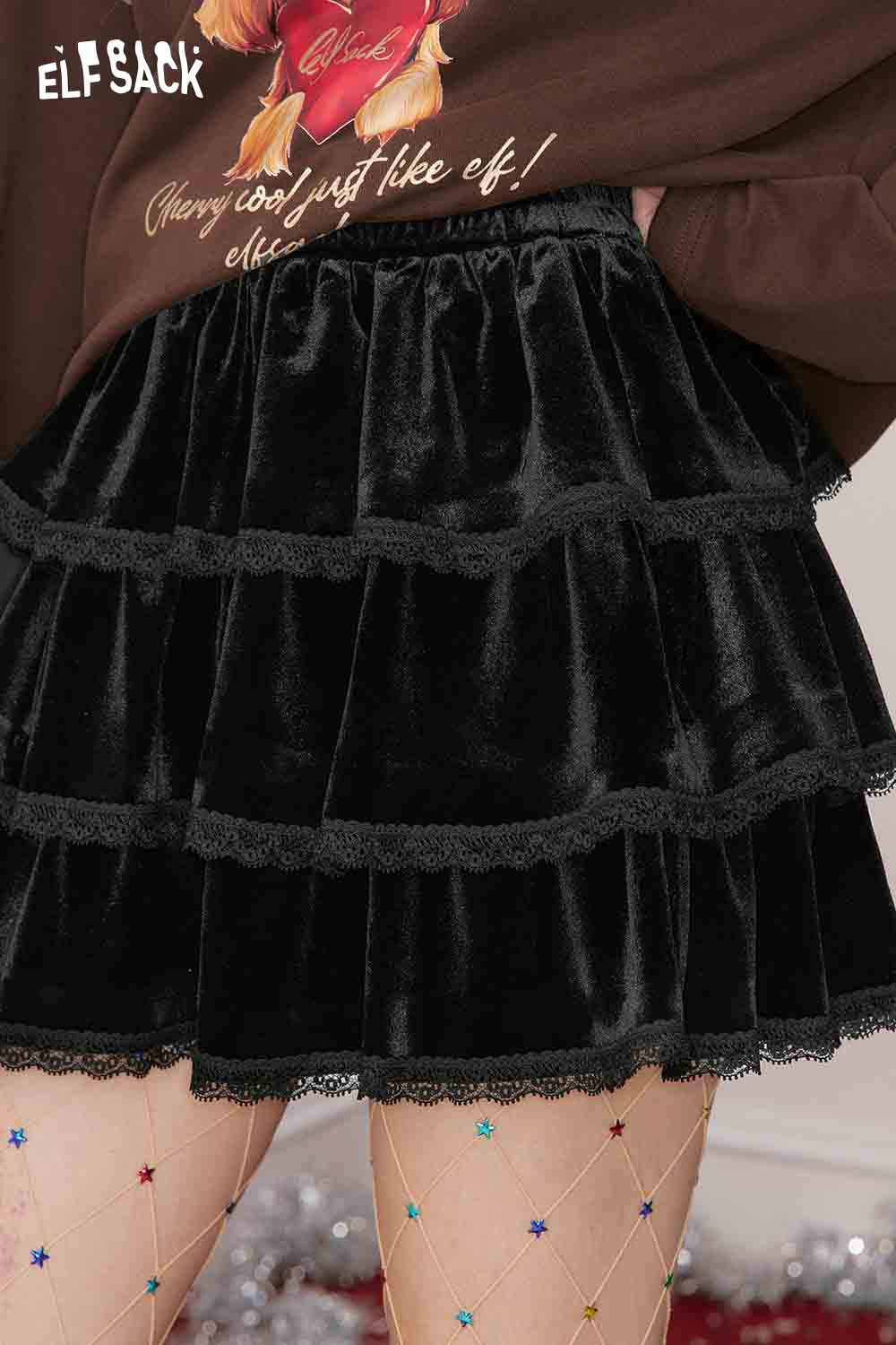 ELFSACK lace trim suede mini skirt with layered ruffles and soft black fabric