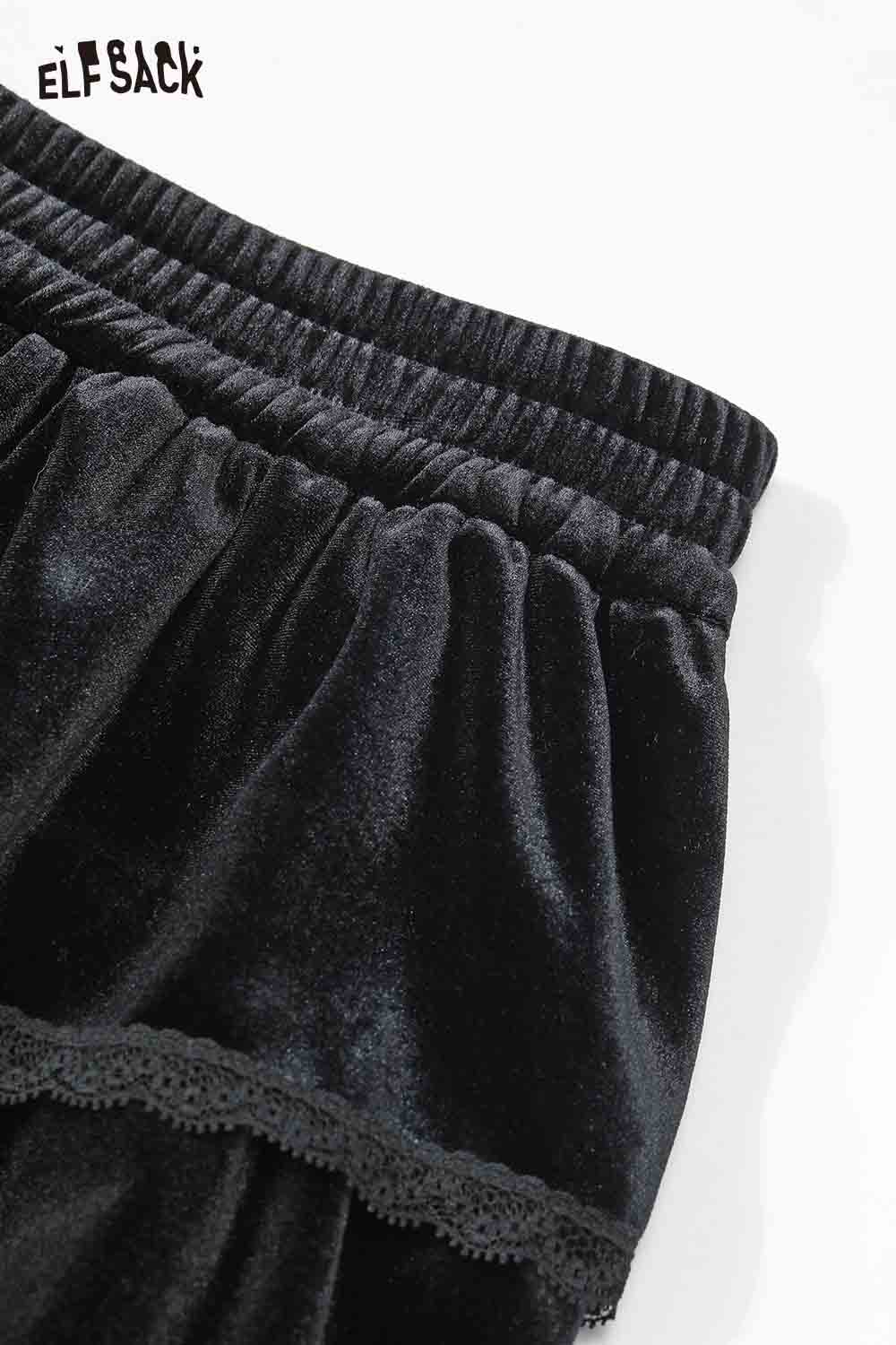 ELFSACK lace trim suede mini skirt featuring soft fabric and elastic waistband for comfort